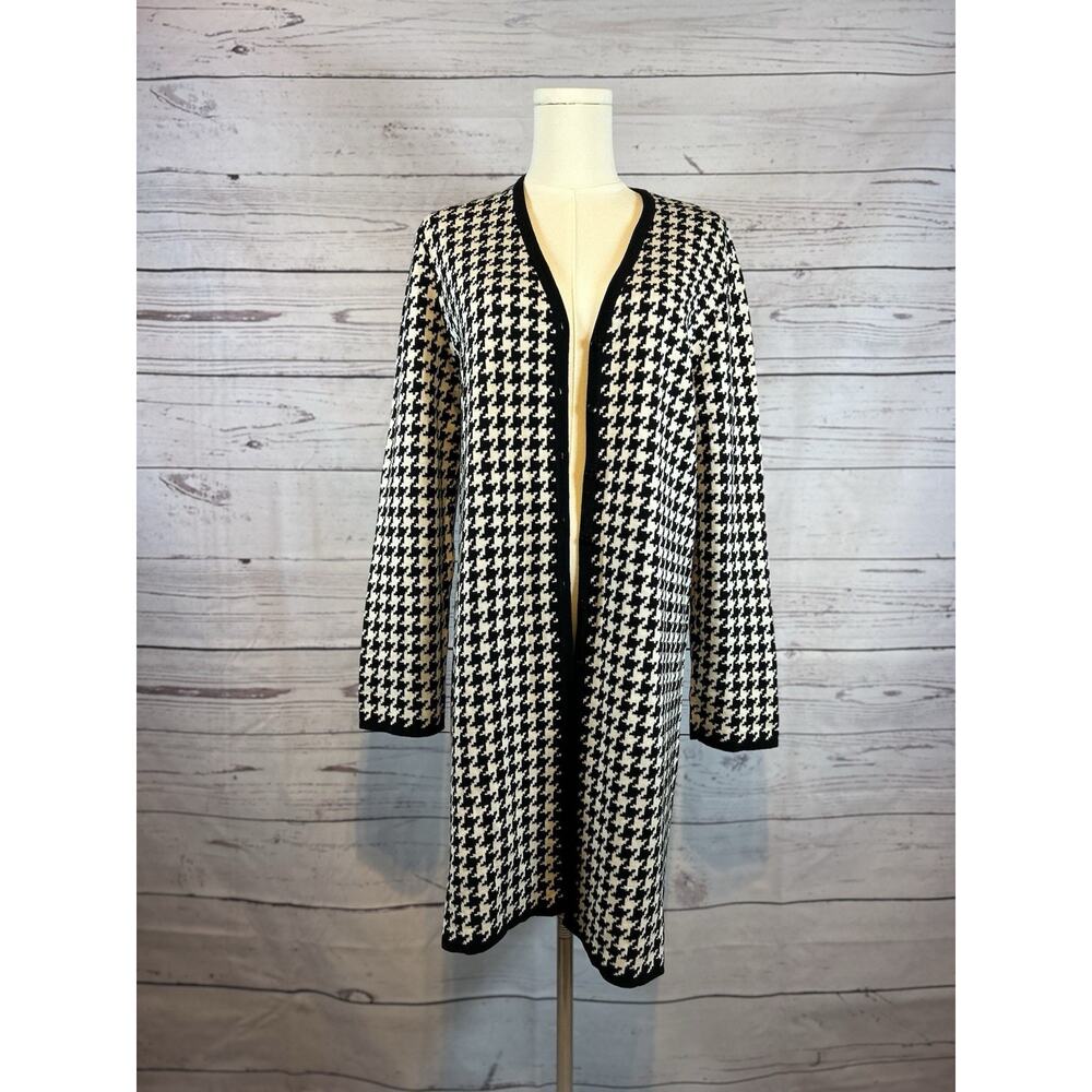CM Collection Houndstooth Cardigan | Size M | Black & White Long Open Front
